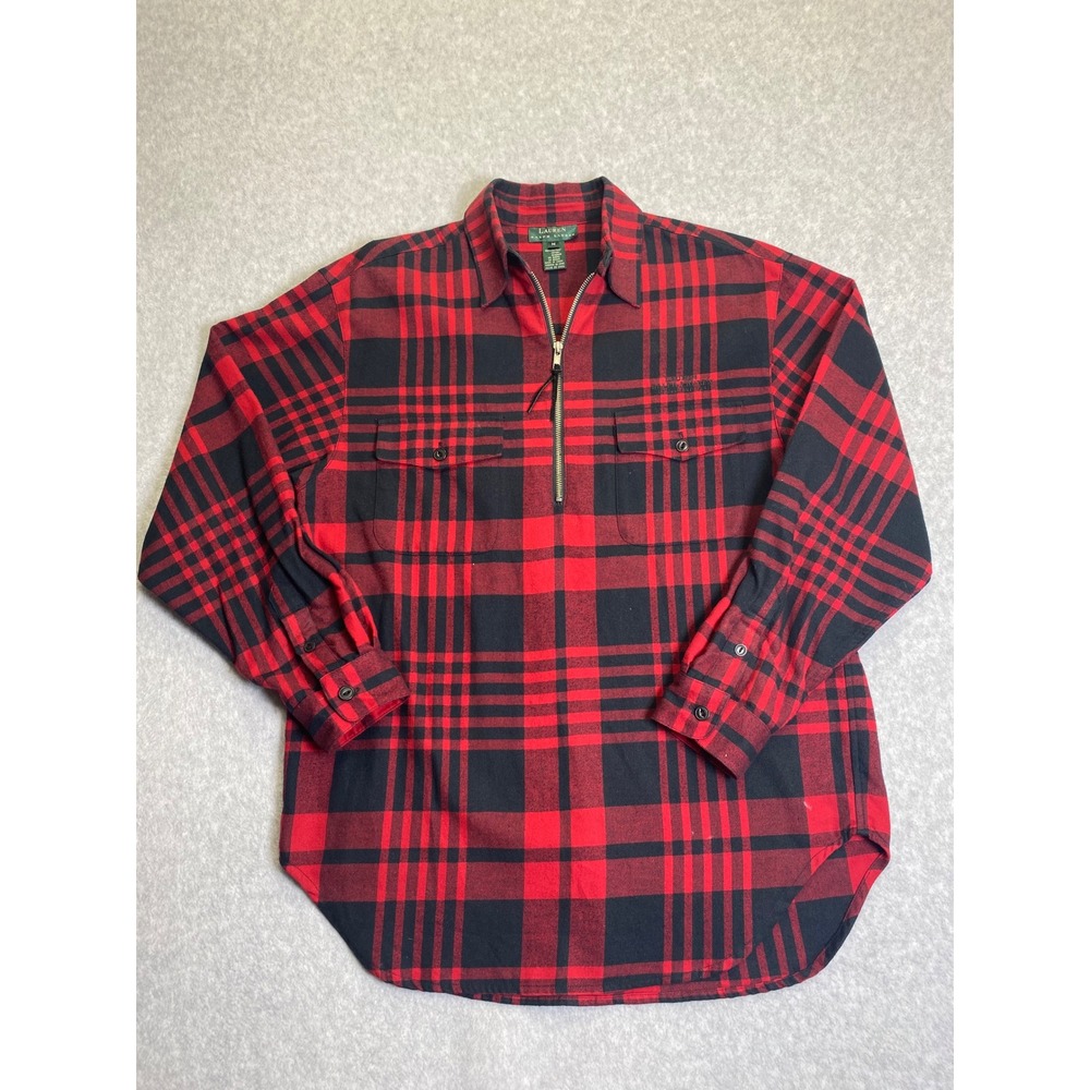 Vintage Lauren Ralph Lauren Red Black Plaid Flannel Quarter Zip Pullover Shirt M